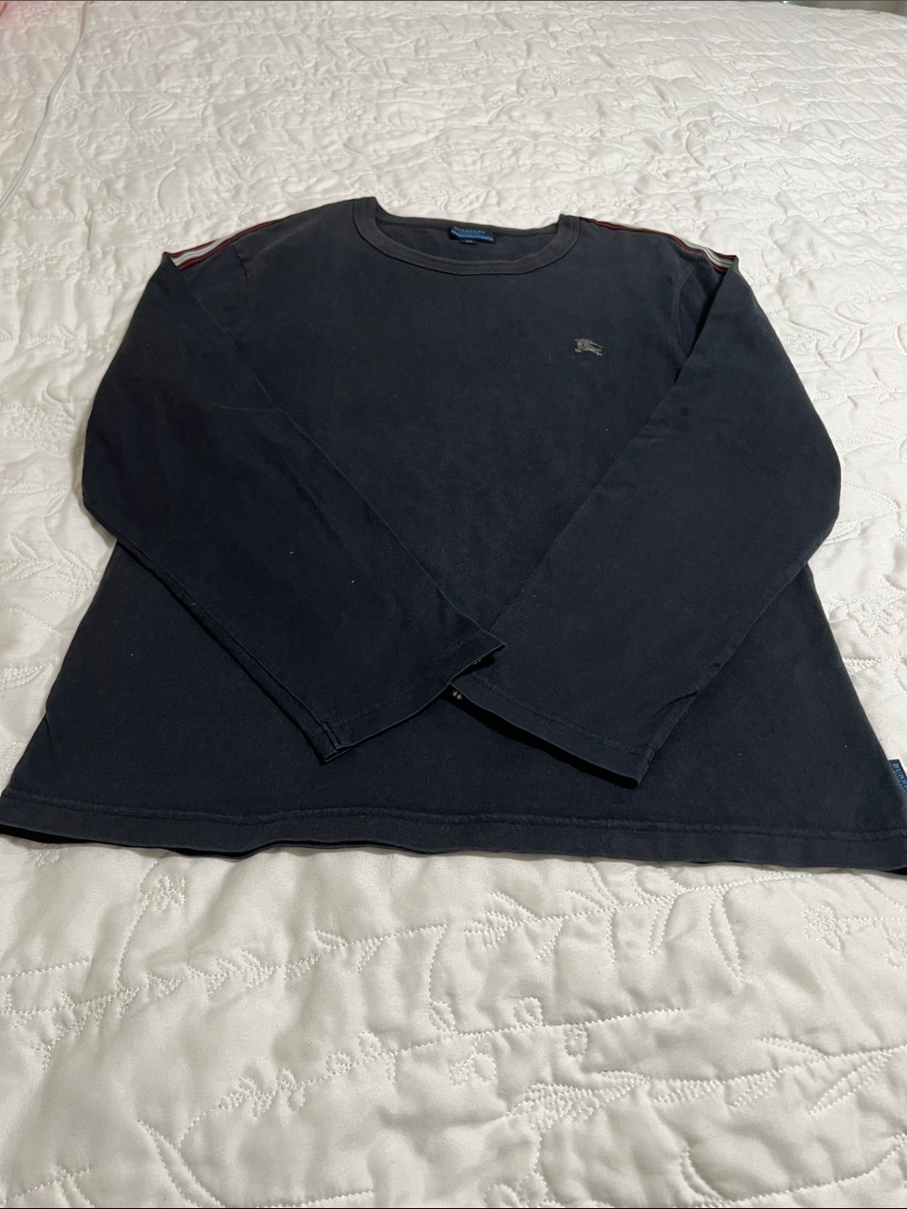Burberry Black Long-Sleeve Tshirt with Red and White Stripe Trim